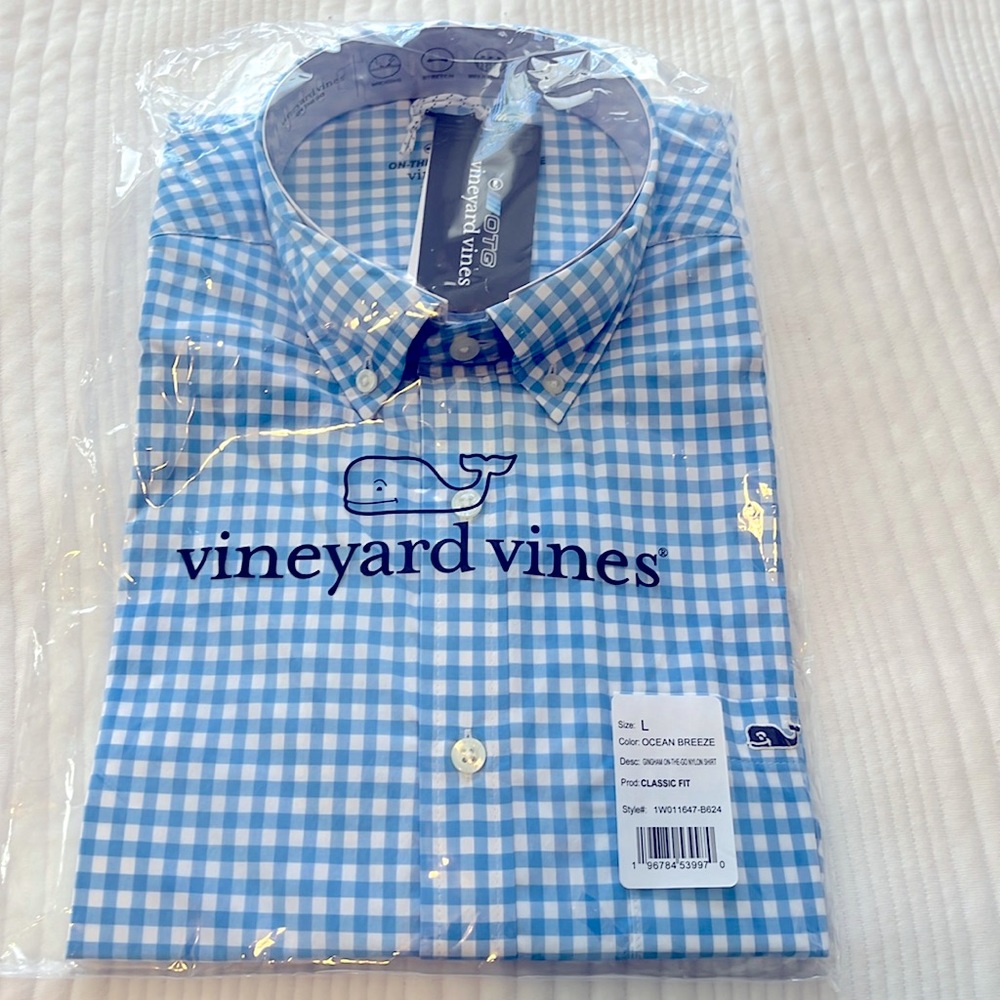 Vineyard Vines Gingham On-The-Go Nylon Shirt (Ocean Breeze)